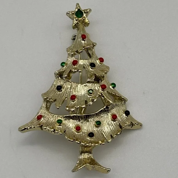 Vintage Gerry's Christmas Tree Pin, Gold Metal Green Red Decorations, Book Piece - Picture 4 of 15